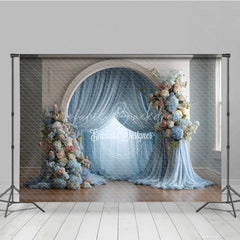 Lofaris Elegant Wedding Arch Backdrop White with Dusty Blue Drapes Pink Floral Decor for Bridal Shower
