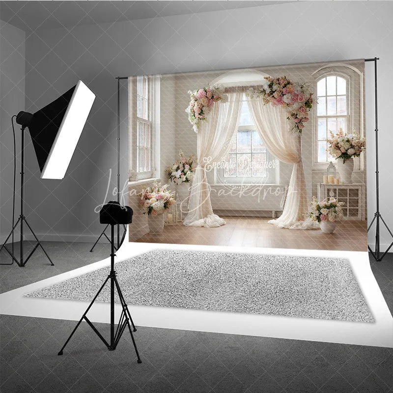 Lofaris Elegant Wedding Arch Backdrop Window with Cream Drapes Pink Rose Floral Decor for Bridal Shower Photo Prop