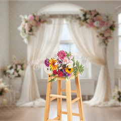 Lofaris Elegant Wedding Arch Backdrop Window with Cream Drapes Pink Rose Floral Decor for Bridal Shower Photo Prop