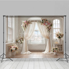 Lofaris Elegant Wedding Arch Backdrop Window with Cream Drapes Pink Rose Floral Decor for Bridal Shower Photo Prop