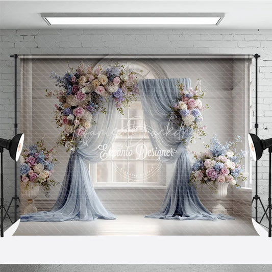 Lofaris Elegant Wedding Backdrop Arch Window with Dusty Blue Drapes Pink Rose and Hydrangea Floral Arrangements