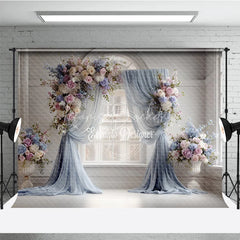 Lofaris Elegant Wedding Backdrop Arch Window with Dusty Blue Drapes Pink Rose and Hydrangea Floral Arrangements