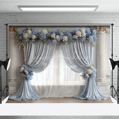 Lofaris Elegant Wedding Backdrop Dusty Blue Drapes with White Rose Classic Columns Photography Background Decor