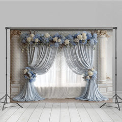 Lofaris Elegant Wedding Backdrop Dusty Blue Drapes with White Rose Classic Columns Photography Background Decor