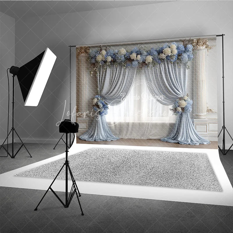 Lofaris Elegant Wedding Backdrop Dusty Blue Drapes with White Rose Classic Columns Photography Background Decor