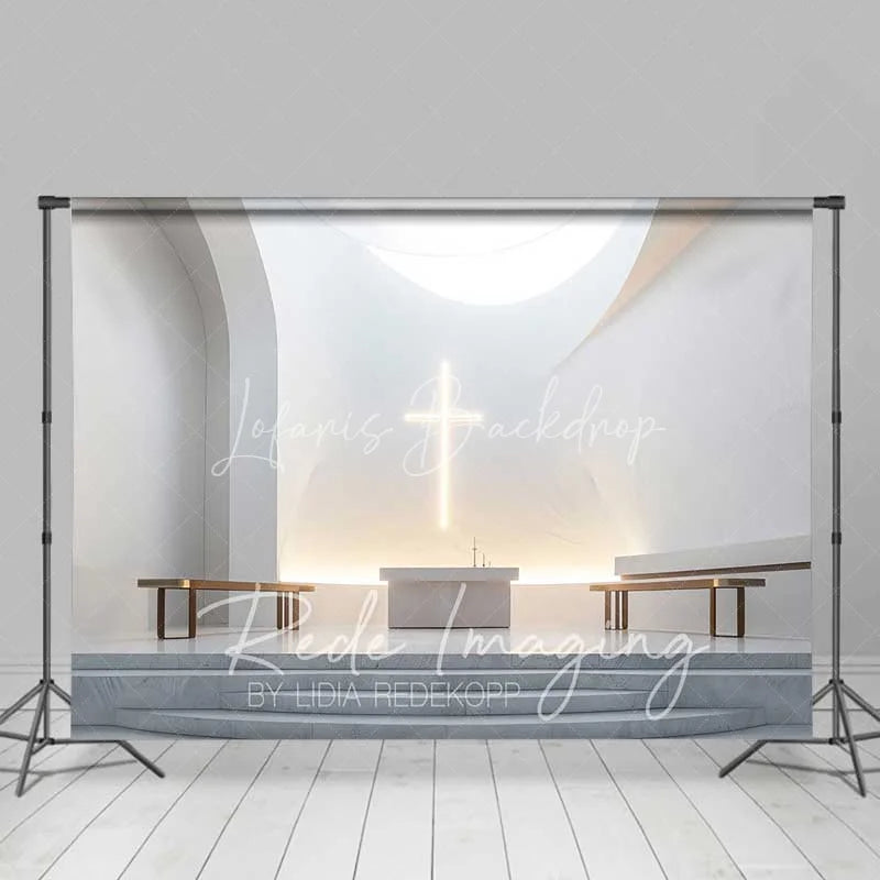 Lofaris Elegant Wedding Backdrop Modern White Chapel Interior with Glowing Cross Sacred Ceremony Photography