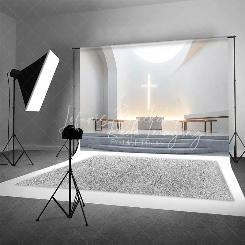Lofaris Elegant Wedding Backdrop Modern White Chapel Interior with Glowing Cross Sacred Ceremony Photography