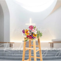 Lofaris Elegant Wedding Backdrop Modern White Chapel Interior with Glowing Cross Sacred Ceremony Photography