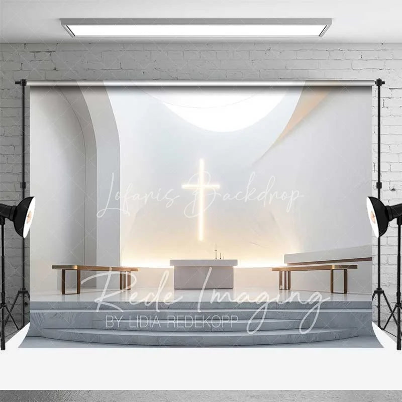 Lofaris Elegant Wedding Backdrop Modern White Chapel Interior with Glowing Cross Sacred Ceremony Photography