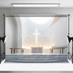 Lofaris Elegant Wedding Backdrop Modern White Chapel Interior with Glowing Cross Sacred Ceremony Photography