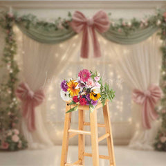 Lofaris Elegant Wedding Photography Backdrop Pink Bows and Fairy Light Curtains Romantic Dreamy Stage Photo Prop