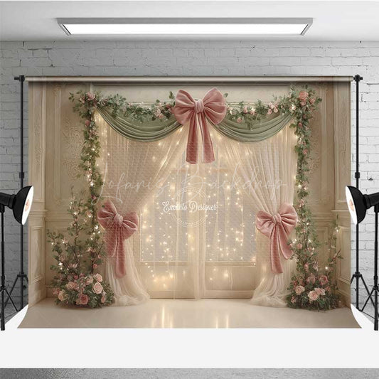 Lofaris Elegant Wedding Photography Backdrop Pink Bows and Fairy Light Curtains Romantic Dreamy Stage Photo Prop