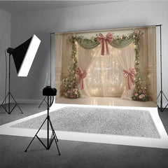 Lofaris Elegant Wedding Photography Backdrop Pink Bows and Fairy Light Curtains Romantic Dreamy Stage Photo Prop