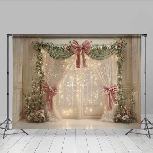 Lofaris Elegant Wedding Photography Backdrop Pink Bows and Fairy Light Curtains Romantic Dreamy Stage Photo Prop