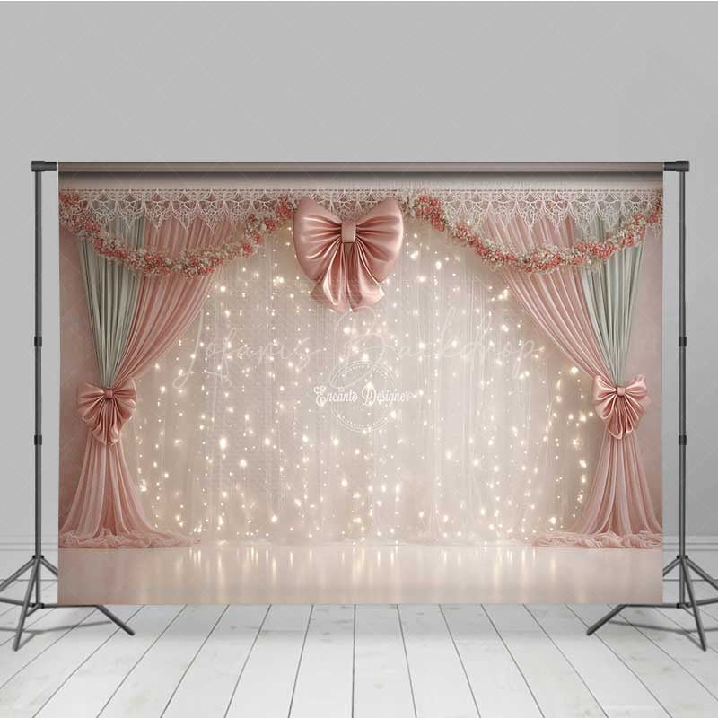 Lofaris Elegant Wedding Photography Backdrop Pink Bows with Fairy Light Curtains Romantic and Dreamy Stage Photo Prop