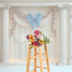 Lofaris Elegant Wedding Photography Backdrop White Drapes with Blue Bows and Columns Romantic Fairytale Stage Prop