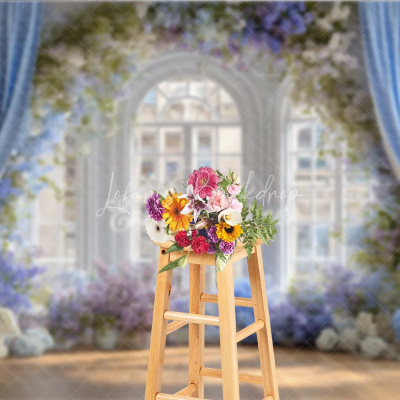 Lofaris Elegant Wedding Window Backdrop Blue Drapes with Purple Floral Bridal Shower Photography Background Decor