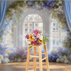 Lofaris Elegant Wedding Window Backdrop Blue Drapes with Purple Floral Bridal Shower Photography Background Decor