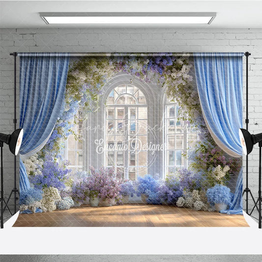 Lofaris Elegant Wedding Window Backdrop Blue Drapes with Purple Floral Bridal Shower Photography Background Decor
