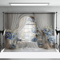 Lofaris Elegant Wedding Window Seat Backdrop Arch with Blue Floral Bridal Shower Photography Background Decor
