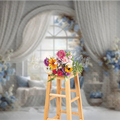 Lofaris Elegant Wedding Window Seat Backdrop Arch with Blue Floral Bridal Shower Photography Background Decor