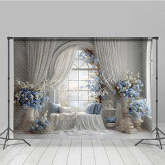 Lofaris Elegant Wedding Window Seat Backdrop Arch with Blue Floral Bridal Shower Photography Background Decor