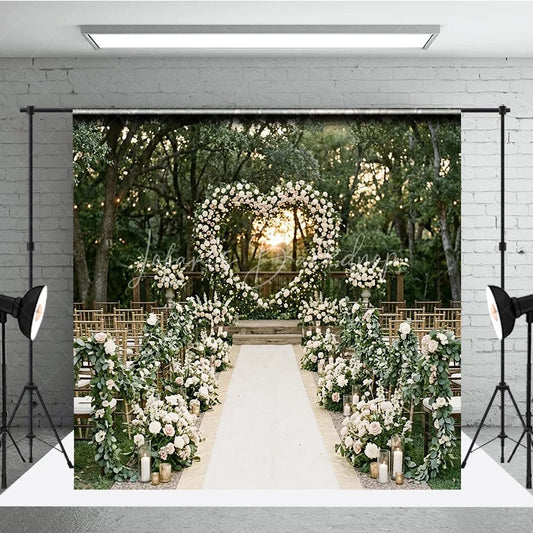 Lofaris Elegant White and Blush Floral Heart Arch Wedding Photography Backdrop Outdoor Garden Ceremony Decor with Sunset Glow