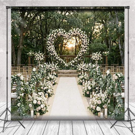 Lofaris Elegant White and Blush Floral Heart Arch Wedding Photography Backdrop Outdoor Garden Ceremony Decor with Sunset Glow