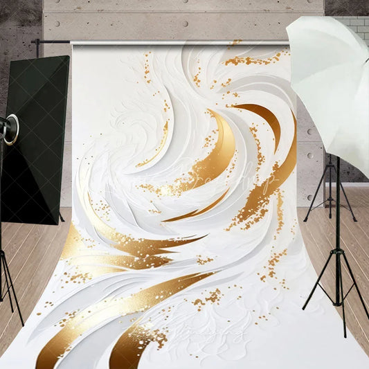 Lofaris Elegant White and Gold Abstract Swirl Glitter Sweep Backdrop Luxury Event Photography Studio Decor