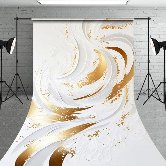 Lofaris Elegant White and Gold Abstract Swirl Glitter Sweep Backdrop Luxury Event Photography Studio Decor