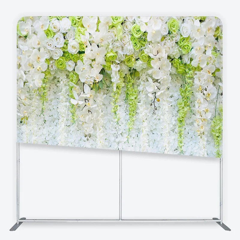 Lofaris Elegant White and Green Orchid Rose Floral Wall Square Double-Sided Backdrop with Hanging Wisteria