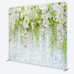 Lofaris Elegant White and Green Orchid Rose Floral Wall Square Double-Sided Backdrop with Hanging Wisteria