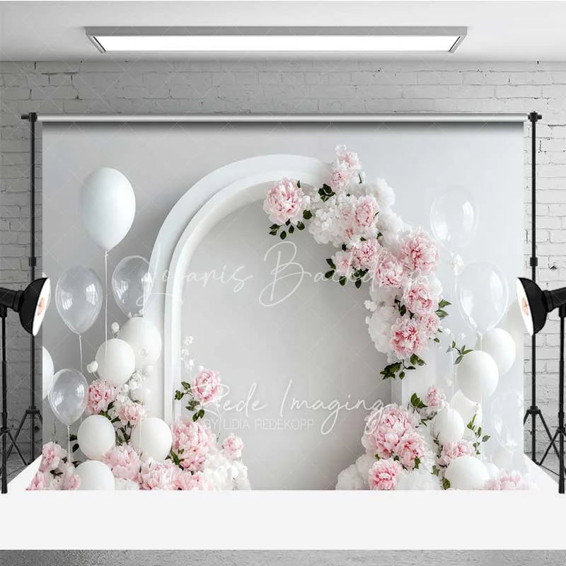 Lofaris Elegant White Arch Floral Photography Backdrop Pink Peony Balloon Wedding Photo Background Clean Bridal Shower Prop