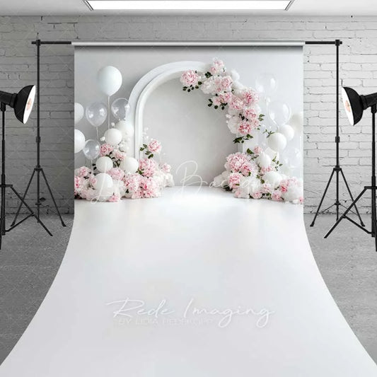 Lofaris Elegant White Arch Floral Sweep Photo Backdrop Pink Peony Balloon Wedding Background Clean Bridal Shower Floor Prop
