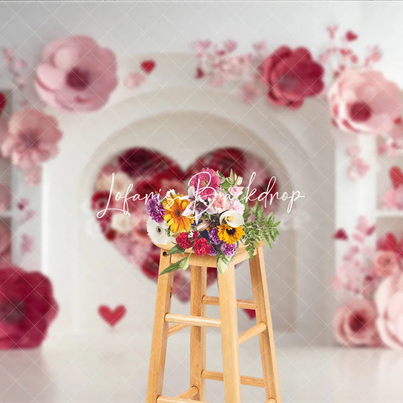 Lofaris Elegant White Arch with Pink and Red Paper Flower Heart Photography Backdrop Romantic Valentine’s Day Decor