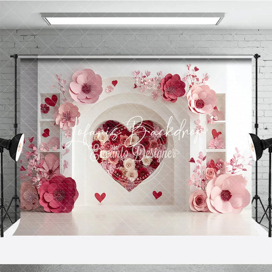 Lofaris Elegant White Arch with Pink and Red Paper Flower Heart Photography Backdrop Romantic Valentine’s Day Decor