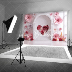 Lofaris Elegant White Arch with Pink and Red Paper Rose Heart Photography Backdrop Romantic Valentine’s Day Decor
