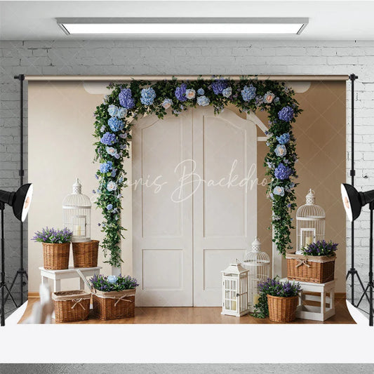 Lofaris Elegant White Arched Door Floral Photography Backdrop with Blue Hydrangea and Lavender Garland Wedding Ceremony Decor