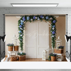 Lofaris Elegant White Arched Door Floral Photography Backdrop with Blue Hydrangea and Lavender Garland Wedding Ceremony Decor
