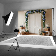Lofaris Elegant White Arched Door Floral Photography Backdrop with Blue Hydrangea and Lavender Garland Wedding Ceremony Decor