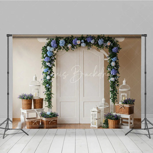 Lofaris Elegant White Arched Door Floral Photography Backdrop with Blue Hydrangea and Lavender Garland Wedding Ceremony Decor