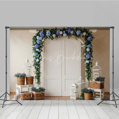 Lofaris Elegant White Arched Door Floral Photography Backdrop with Blue Hydrangea and Lavender Garland Wedding Ceremony Decor