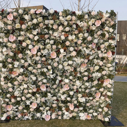 Lofaris Elegant White Blush Pink and Cream Rose Artificial Flower Wall with Anthurium Lush Green Foliage Wedding Party Decor