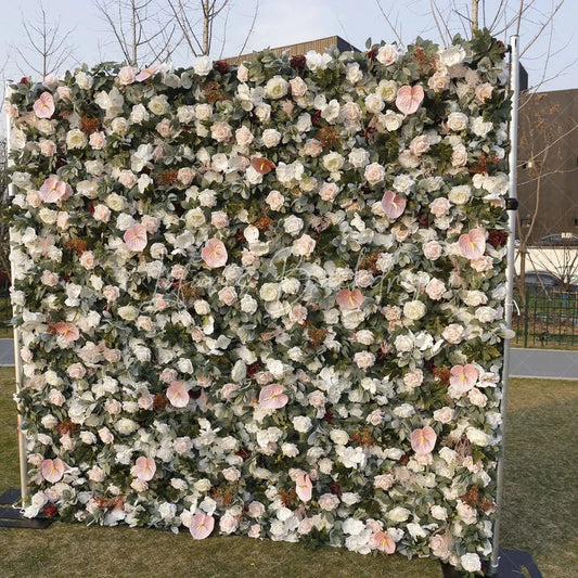 Lofaris Elegant White Blush Pink and Cream Rose Artificial Flower Wall with Anthurium Lush Green Foliage Wedding Party Decor