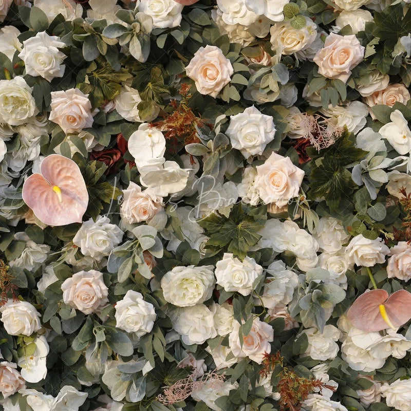 Lofaris Elegant White Blush Pink and Cream Rose Artificial Flower Wall with Anthurium Lush Green Foliage Wedding Party Decor
