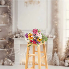 Lofaris Elegant White Christmas Backdrop Fireplace Flocked Tree Gold Silver Ornaments Candles Photo Background