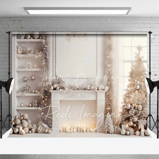 Lofaris Elegant White Christmas Backdrop Fireplace Flocked Tree Gold Silver Ornaments Candles Photo Background