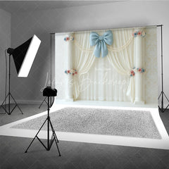 Lofaris Elegant White Curtain Photography Backdrop Blue Bow with Columns and Pearls Wedding or Bridal Shower Decor