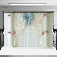 Lofaris Elegant White Curtain Photography Backdrop Blue Bow with Columns and Pearls Wedding or Bridal Shower Decor