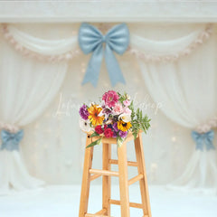Lofaris Elegant White Curtain Photography Backdrop Blue Bows with Fairy Lights Wedding or Bridal Shower Photo Booth Decor